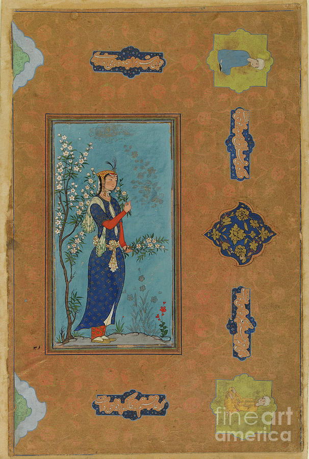 Woman With A Spray Of Flowers, Safavid Period, C.1575 Painting by Persian School