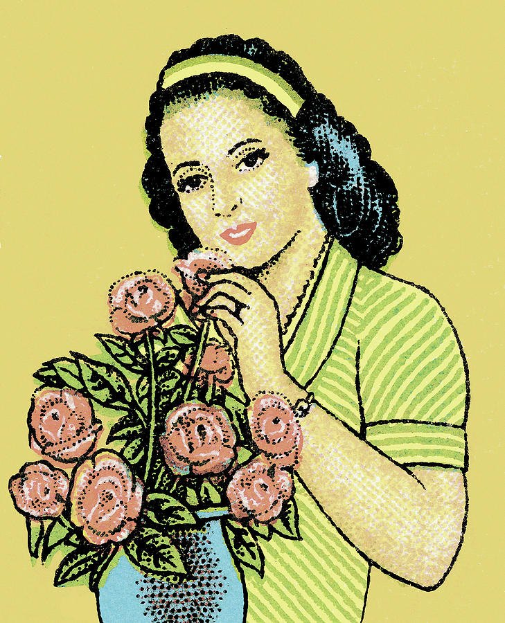 Vintage Drawing - Woman with Bouquet of Roses by CSA Images