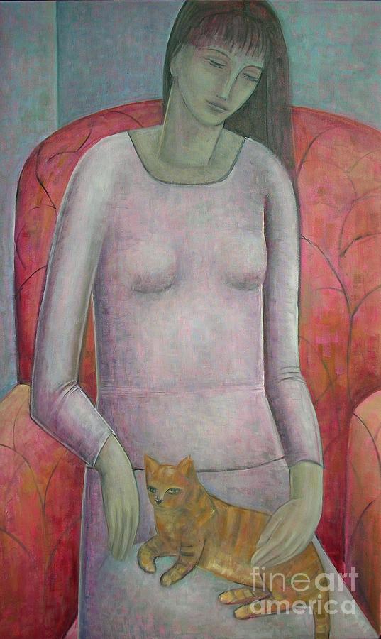 Woman With Cat By Ruth Addinall Painting by Ruth Addinall