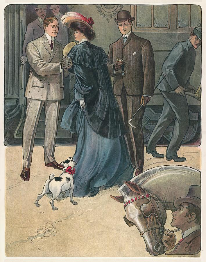 Woman With Dog And Two Men Watched By Man With Horse Painting by Anonymous Woman With Dog And Two Men Watched By Man With Horse Painting by Anonymous