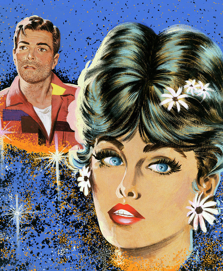 Vintage Drawing - Woman With Flowers in Her Hair and Man Behind Her by CSA Images