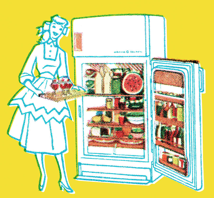 Vintage Drawing - Woman with full refrigerator by CSA Images