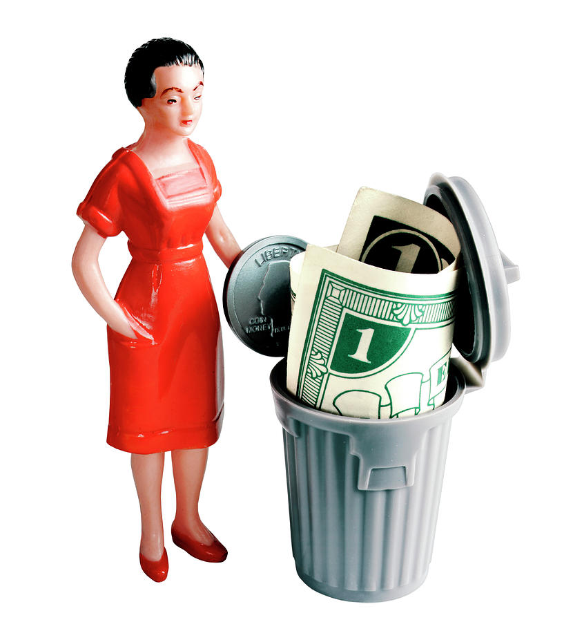 Vintage Drawing - Woman With Money in Garbage Can by CSA Images