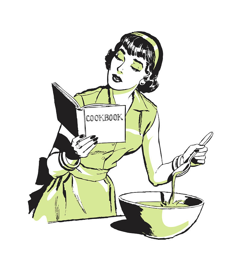 Vintage Drawing - Woman with Recipe Book and Mixing Bowl by CSA Images