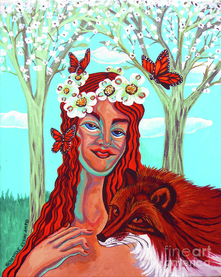 Tree Painting - Woman With Red Fox And Butterflies by Genevieve Esson