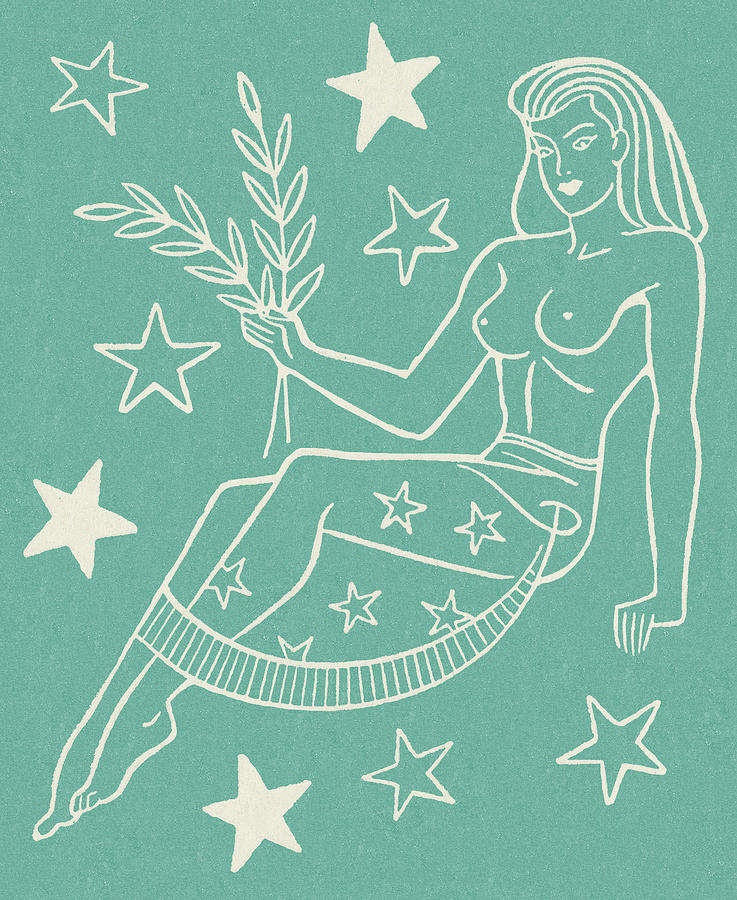 Vintage Drawing - Woman With Star and Moon by CSA Images