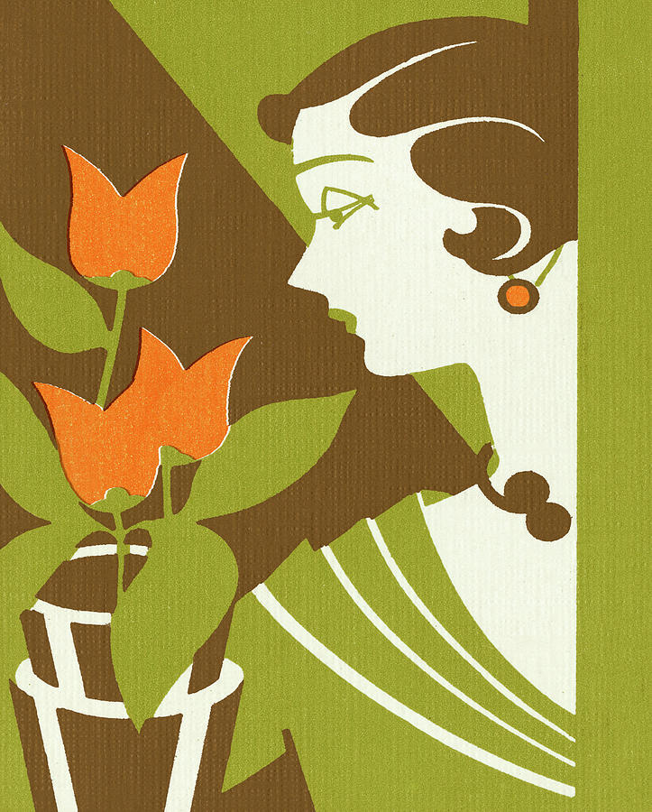 Vintage Drawing - Woman With Tulips by CSA Images