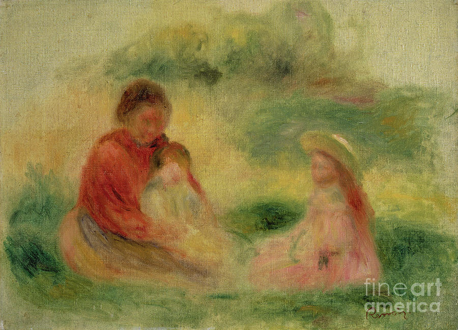 Woman With Two Children Sitting On The Ground, 1902-03 Painting by Pierre Auguste Renoir