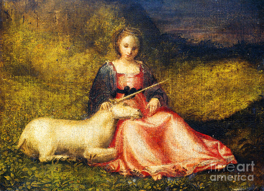 Woman with Unicorn Early Sixteenth Century European Painting by Peter Ogden