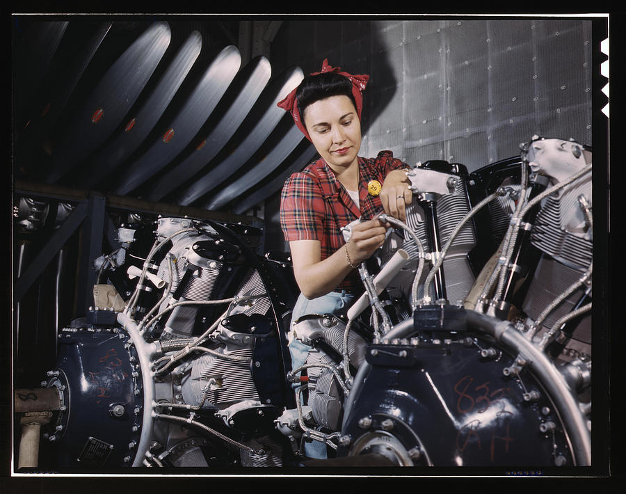 Woman working on an airplane motor Painting by Palmer, Alfred T