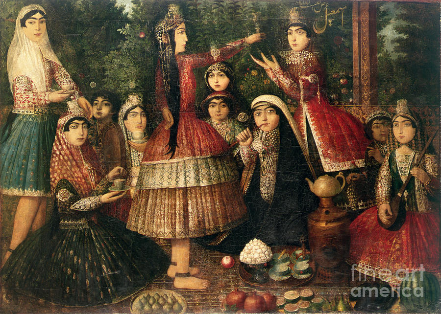 Women And Children In A Garden, 19th Century Painting by Persian School