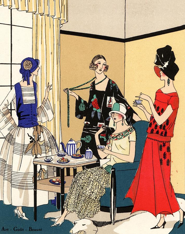 Women at fashionable afternoon tea party. Drawing by Album