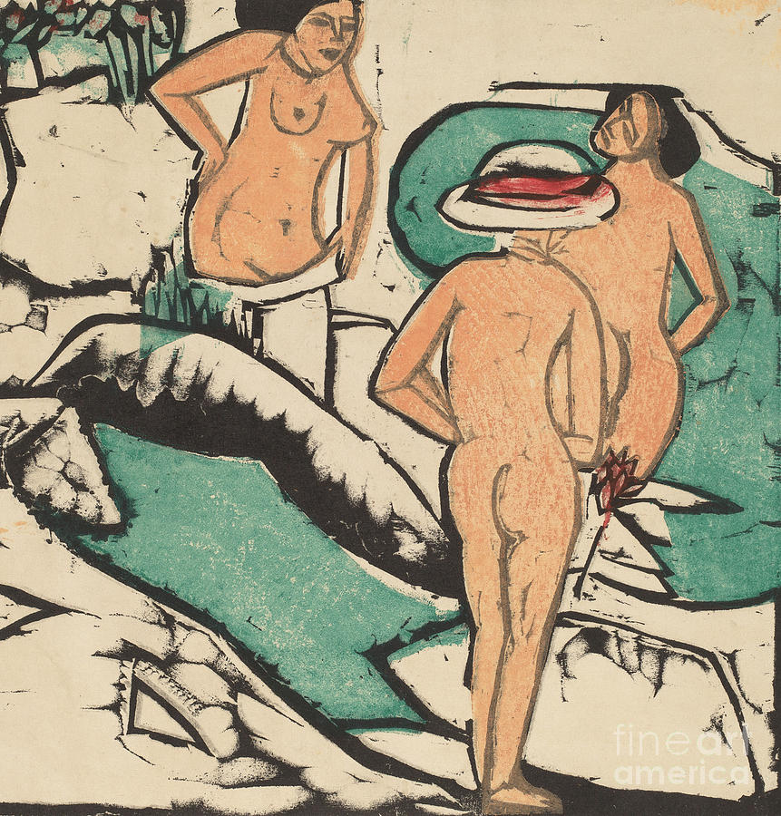 Ernst Ludwig Kirchner Painting - Women Bathing Between White Stones, 1912  by Ernst Ludwig Kirchner