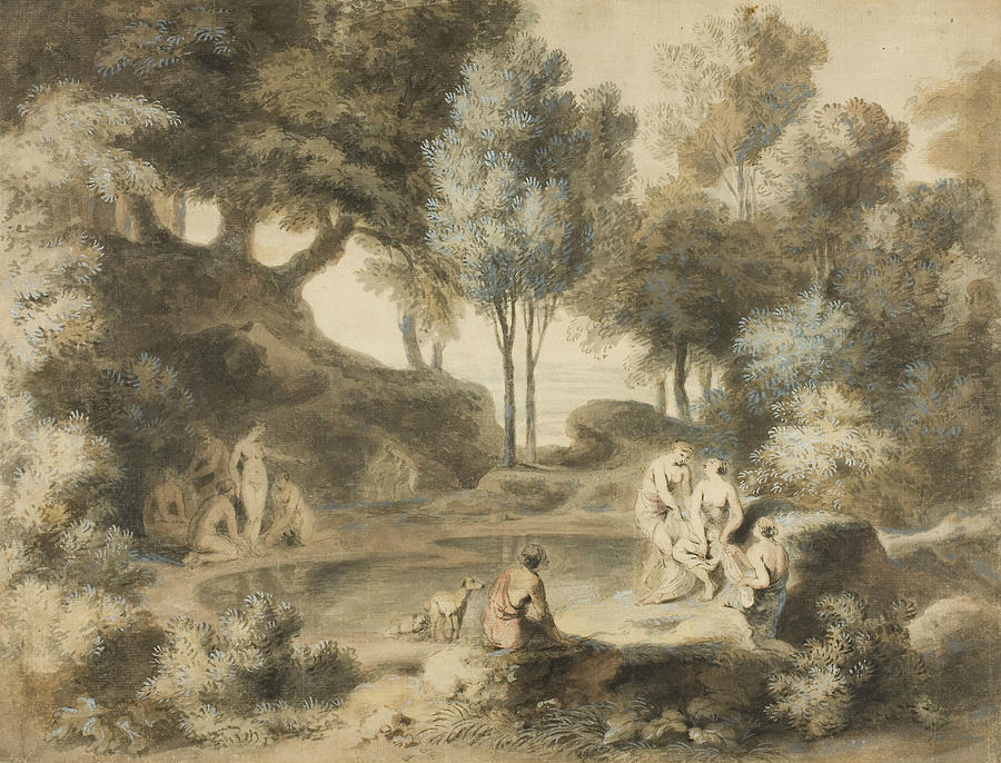 Women Bathing in Pond Drawing by John William Taverner