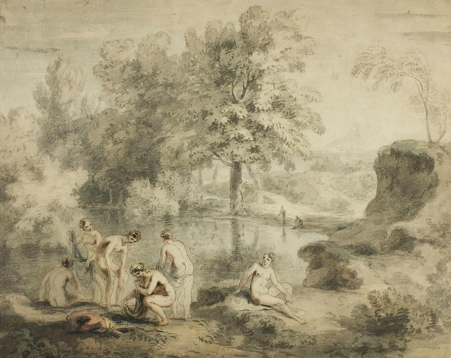 Women Drying Selves by Pond, 1740-1750 Drawing by John William Taverner