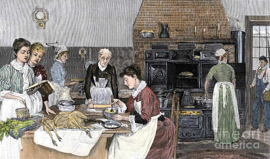 Women Preparing Thanksgiving Dinner In A Gigantic Kitchen, Usa, Circa 1890 Colourful Engraving Of The 19th Century Drawing by American School