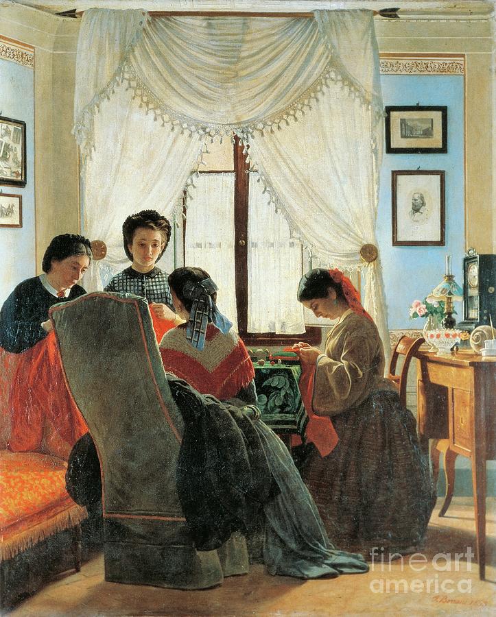Women Stitching Red Shirts, 1863 By Odoardo Borrani Painting by Odoardo Borrani