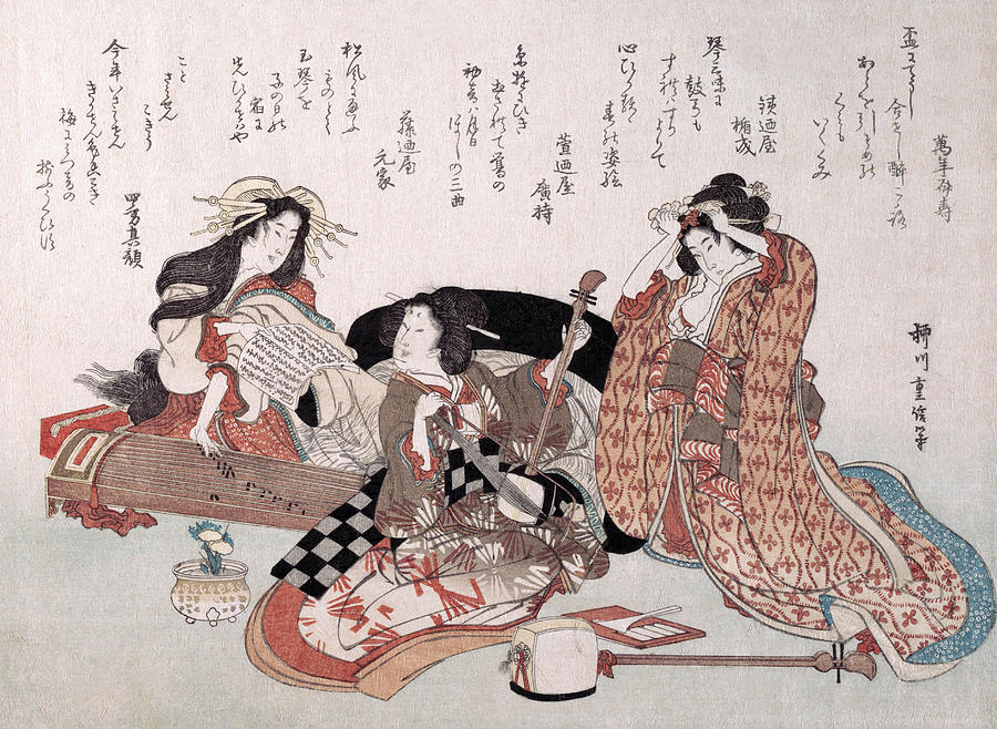 Music Painting - Women with instruments playing music by Yanagawa Shigenobu