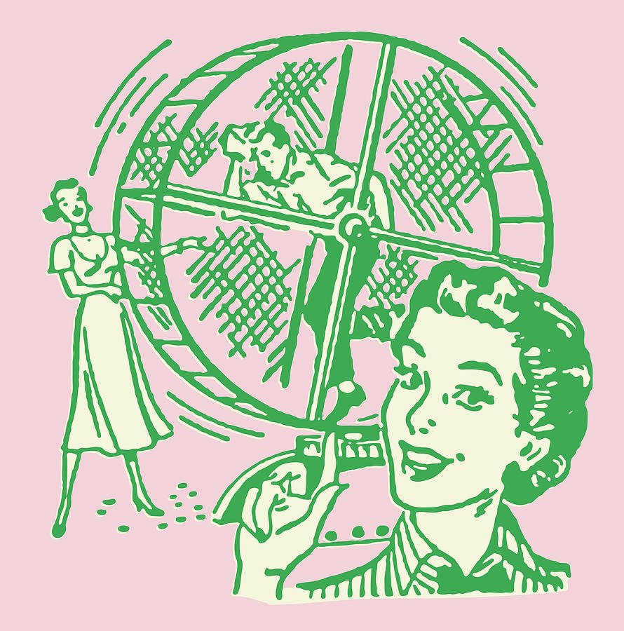 Vintage Drawing - Women Working Men on Hamster Wheel by CSA Images
