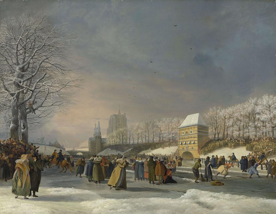 Womens Skating Competition on the Stadsgracht in Leeuwarden, 21 January 1809. Skating Competitio... Painting by Nicolaas Baur -1767-1820-