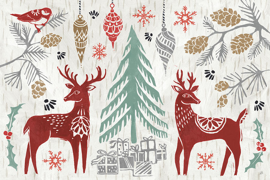 Animal Mixed Media - Woodcut Christmas I Color by Daphne Brissonnet