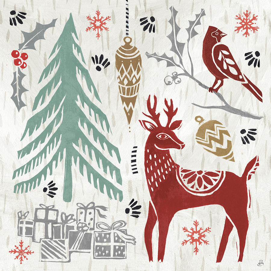 Animal Mixed Media - Woodcut Christmas V Color by Daphne Brissonnet