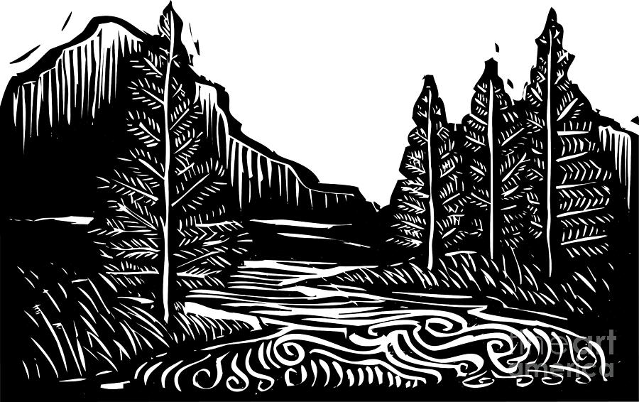 Forest Digital Art - Woodcut Style Expressionist Landscape by Jef Thompson