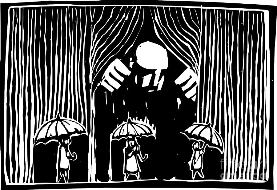 Rain Digital Art - Woodcut Style Image Of A Giant Man by Jef Thompson Rain Digital Art - Woodcut Style Image Of A Giant Man by Jef Thompson
