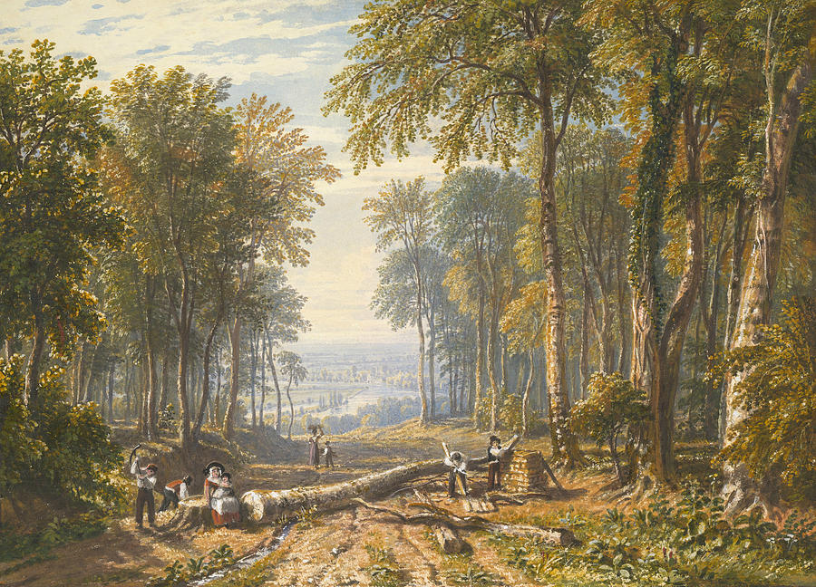 Woodcutters at Park Place, Henley, the River Thames Beyond Drawing by William Havell