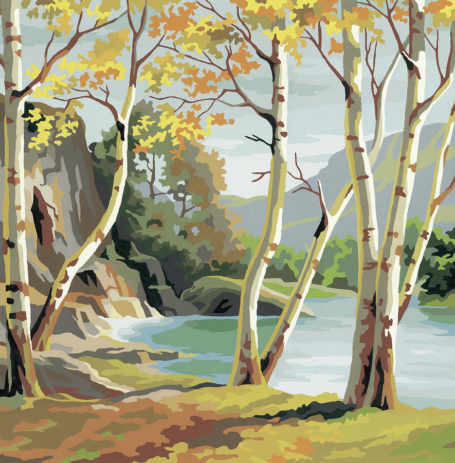 Fall Drawing - Wooded Lake Scene by CSA Images