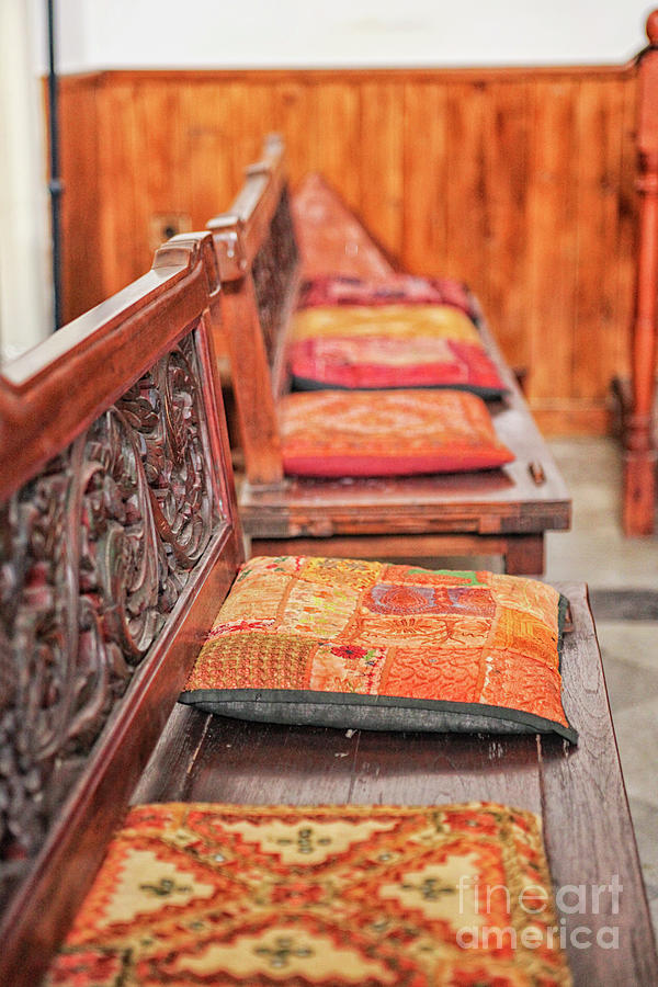 Wooden benches with cushions in synagogue Photograph by Patricia Hofmeester