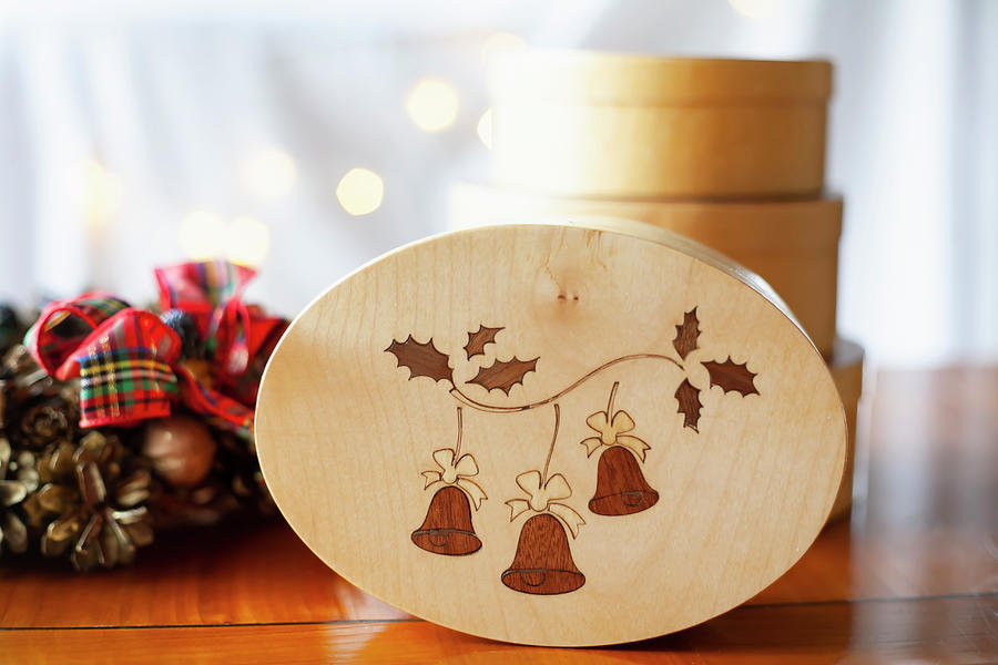 Wooden Box With Inlaid Lid And Christmas Decorations Photograph by Alicja Koll