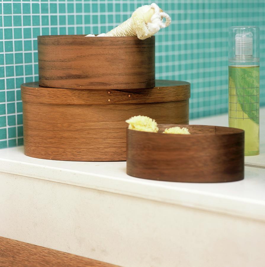 Wooden Boxes On A Shelf In A Bathroom Photograph by Simon Scarboro