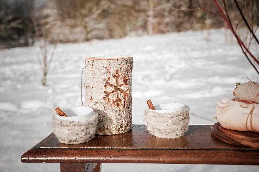 Wooden Candle Lantern And Cups Wrapped In Wool For Winter Picnic Photograph by Bildhbsch