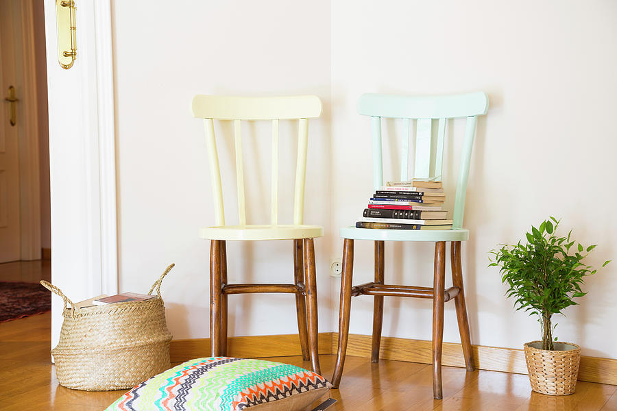 Wooden Chairs Painted In Pastel Colours Photograph by Ivan Autet