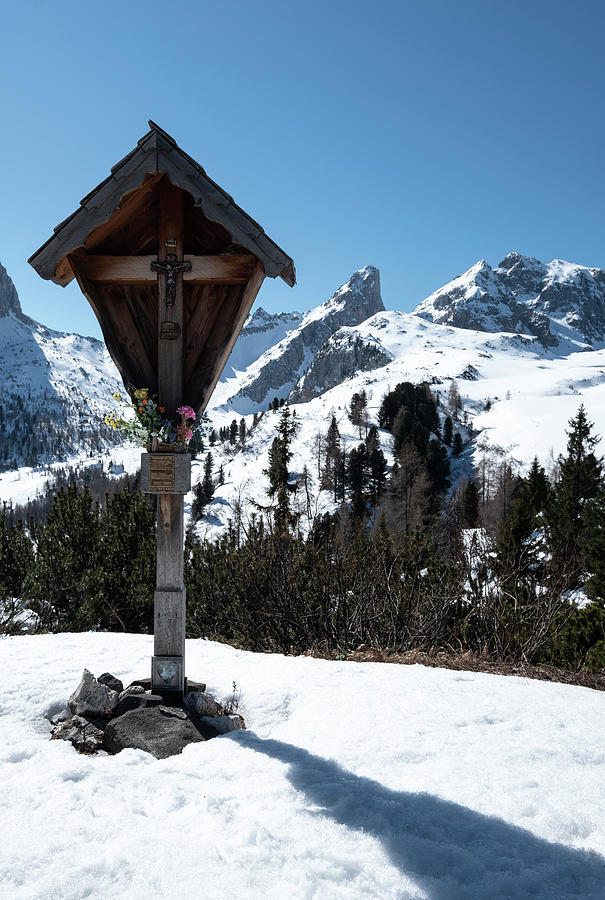 Wooden Cross In Front Of The Mountain Panorama Of The Dolomites In Winter, Dolomites, Belluno, Italy Photograph by Sonia Aumiller
