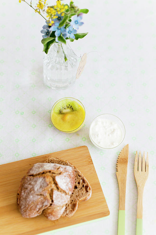 Wooden Cutlery, Bread On Wooden Board, Mango Puree And Cottage Cheese Photograph by Iris Wolf