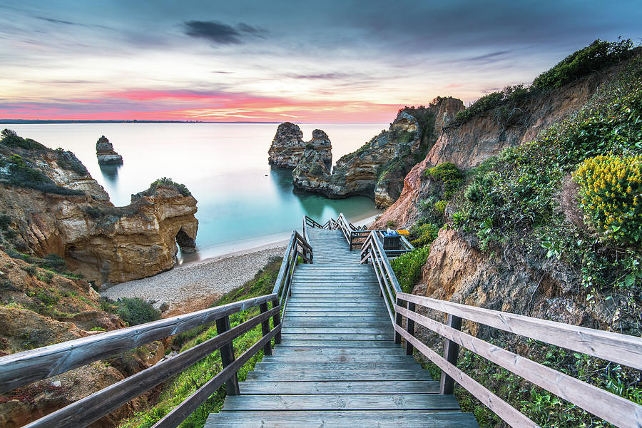 Wooden Footbridge Walkway To Beautiful Beach Praia Do Camilo On 