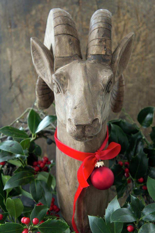 Wooden Ibex Decorated With Wreath Of Holly, Ribbon And Bauble Photograph by Martina Schindler