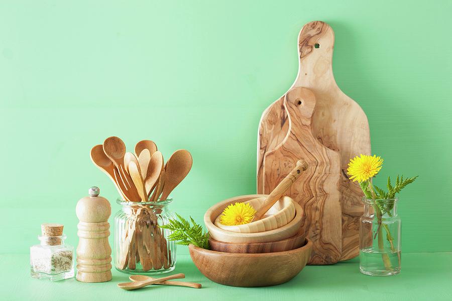 Wooden Kitchenware And Dandelion Flowers Photograph by Olga Miltsova