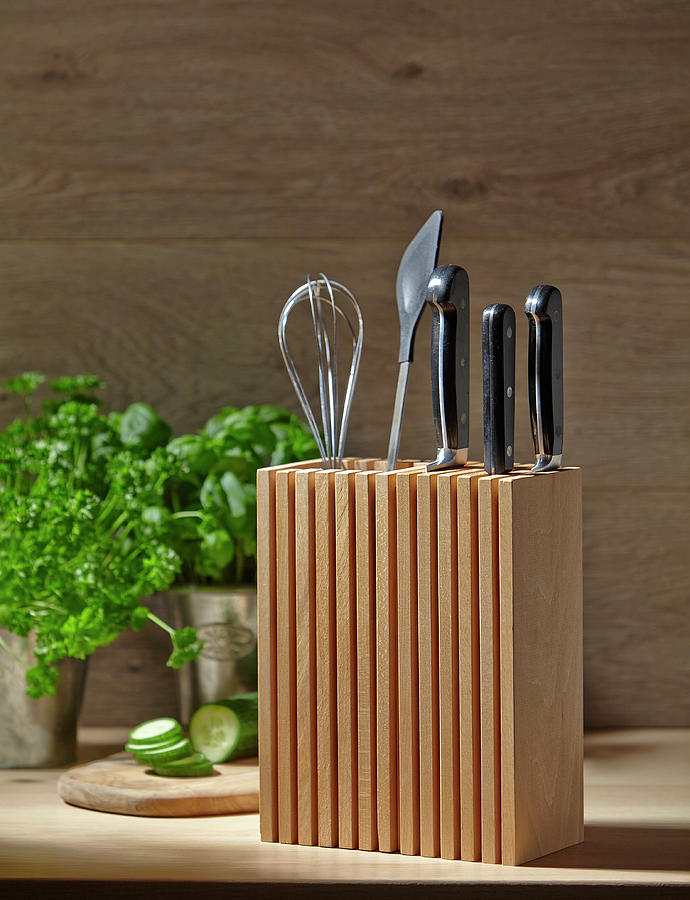 Wooden Organiser And Knife Block In Kitchen Photograph by Selbermachen Media / Christian Bordes