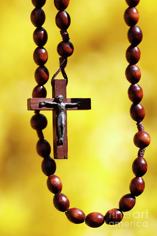 Wooden Rosary Against Yellow Broom Flowers, France, 2020 Photo Photograph by European School