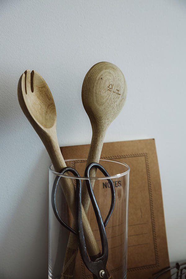Wooden Salad Servers And Herb Scissors In A Measuring Cup Photograph by Daisy Hutter