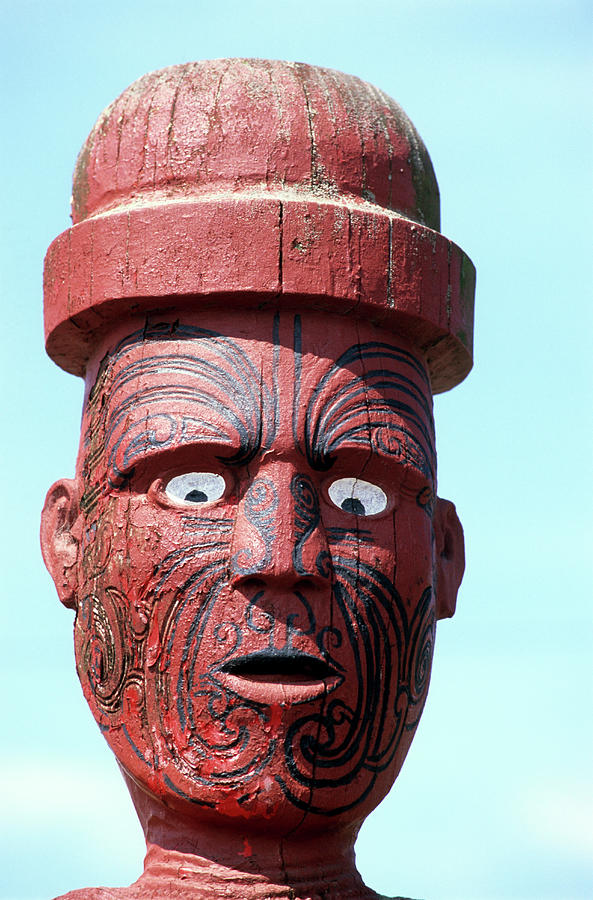 Wooden Scaulpture On A Marea, A Meeting Place Of The Maori In Rotorua ...