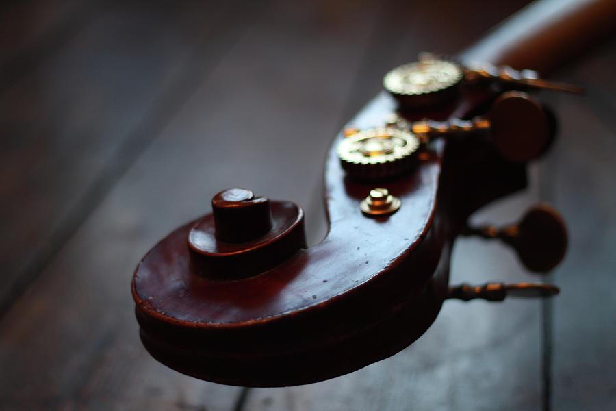 Performance Photograph - Wooden Scroll On A Double Bass by Greg Burke