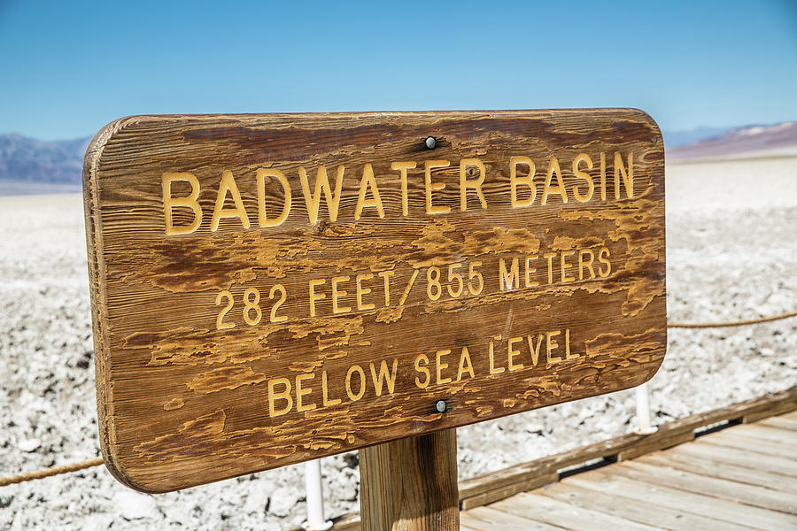 Death Valley National Park Digital Art - Wooden Sign At Badwater, Death Valley, California, Usa by Tim E White