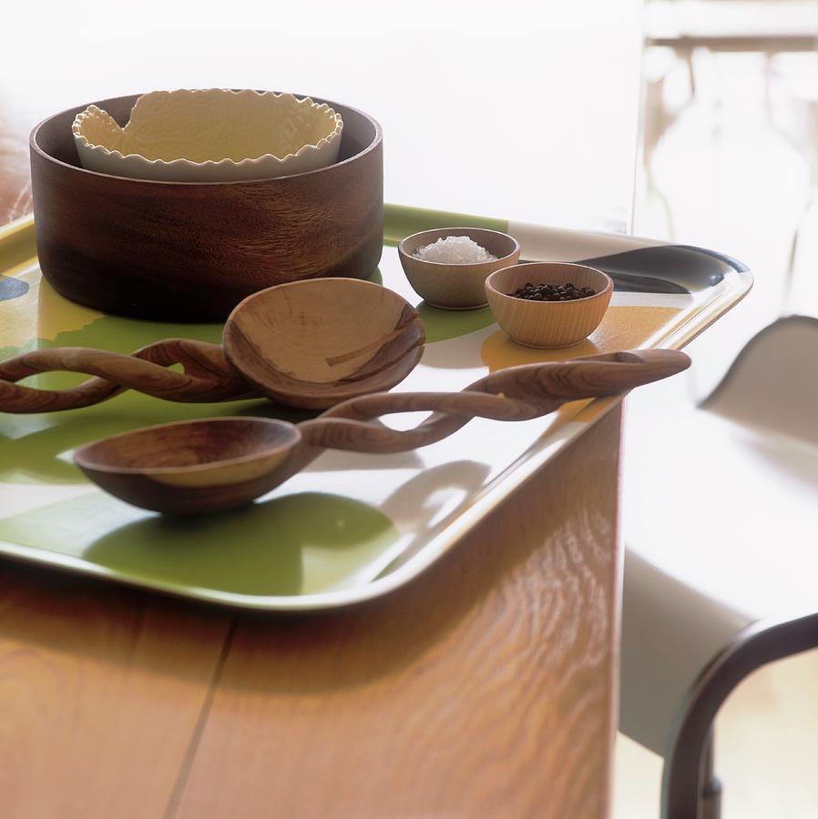 Wooden Spoons And Bowls On A Tray Photograph by Simon Scarboro