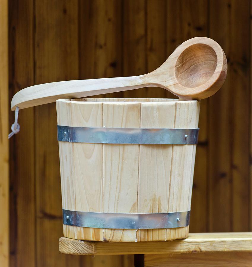 Wooden Water Bucket And Ladle For The Sauna Photograph by Chris Schfer
