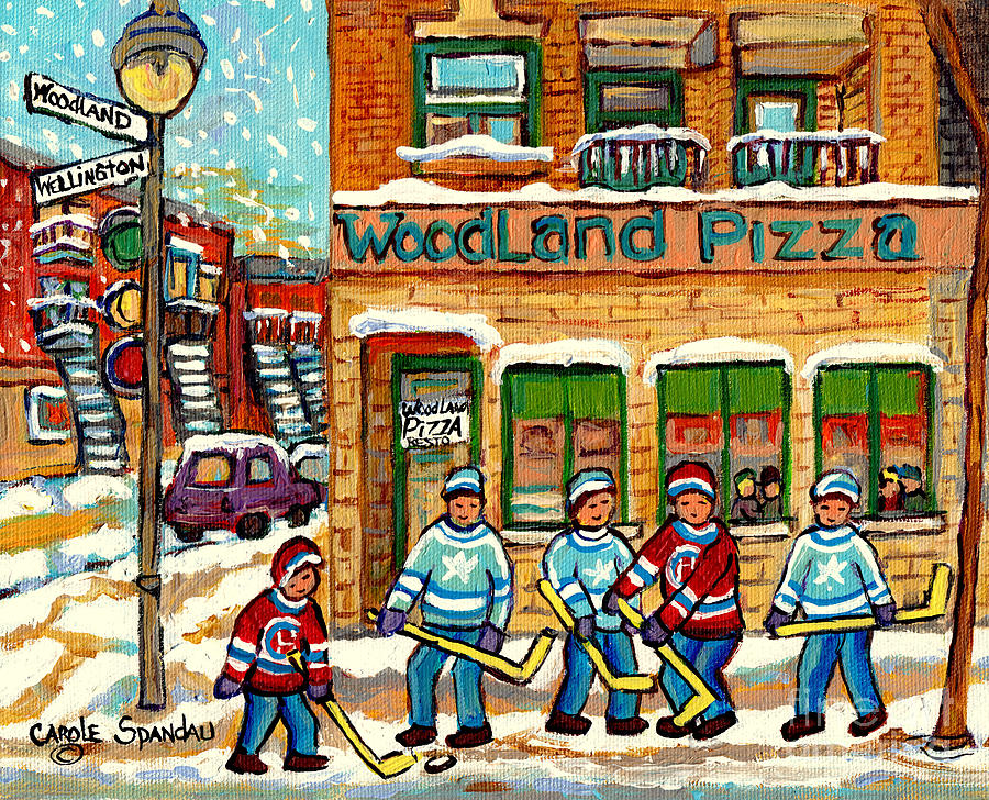 Woodland Pizza Rue Wellington Verdun Montreal Fine Art Hockey Painting C Spandau Winter Scene Artist Painting by Carole Spandau