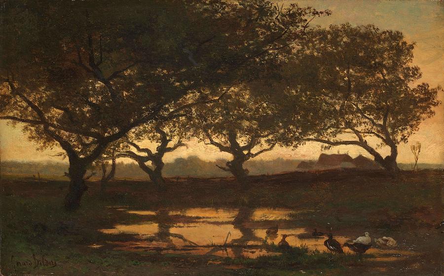 Woodland Pond at Sunset. Pond in the Woods at Sunset. Painting by Gerard Bilders -1838-1865- Woodland Pond at Sunset. Pond in the Woods at Sunset. Painting by Gerard Bilders -1838-1865-